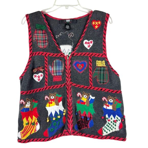 Vintage Sweaters - Vintage Holiday Grannycore Knit Zip Front Vest L Festive Ugly Christmas Sweater
